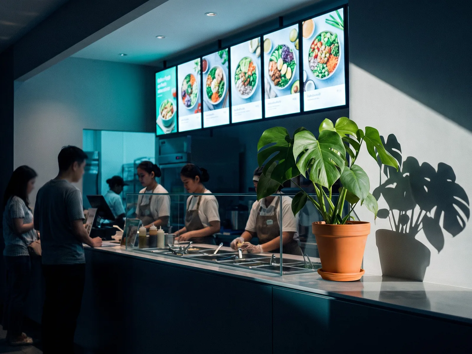 Quick-service restaurant counter with digital menu boards