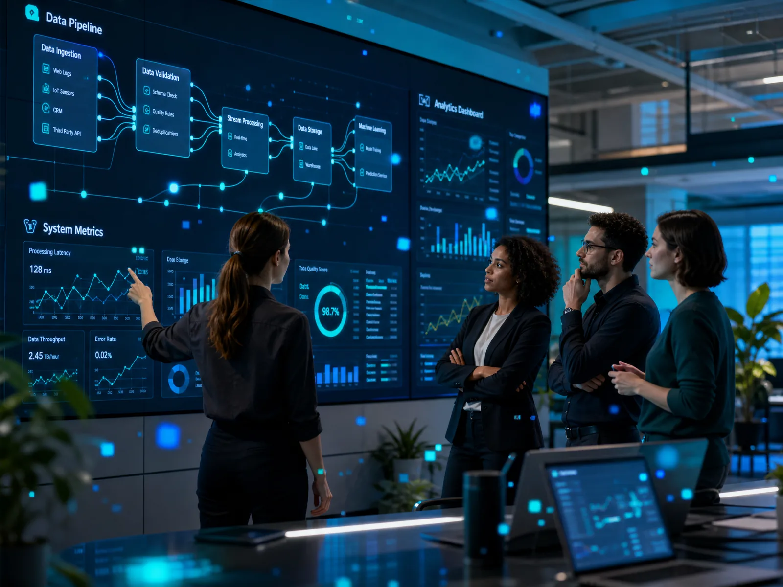 Managers reviewing data dashboards on a video wall