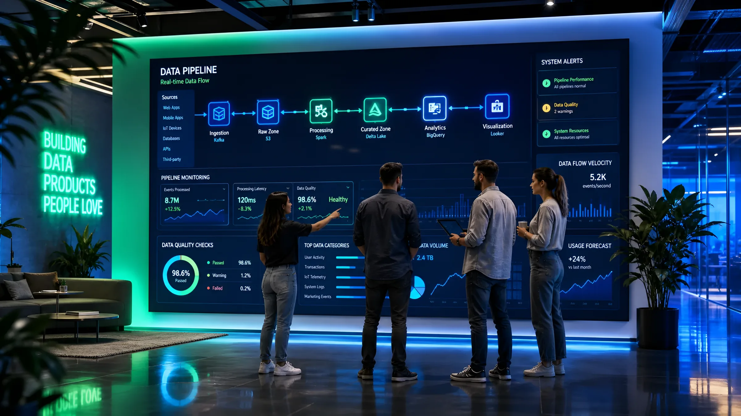 Team discussing a data pipeline shown on a large screen
