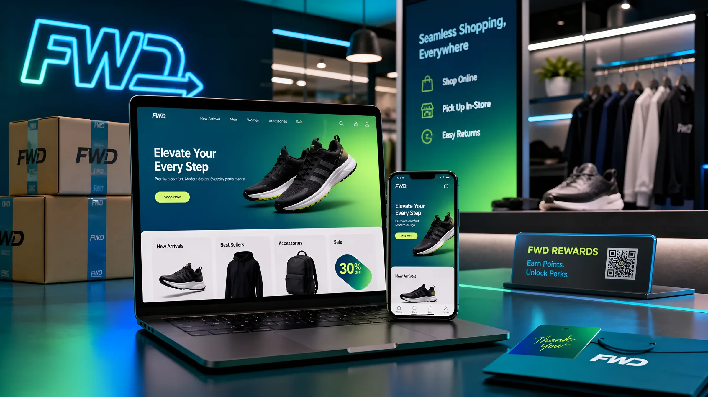 Sneaker store with synchronised online and in-store displays