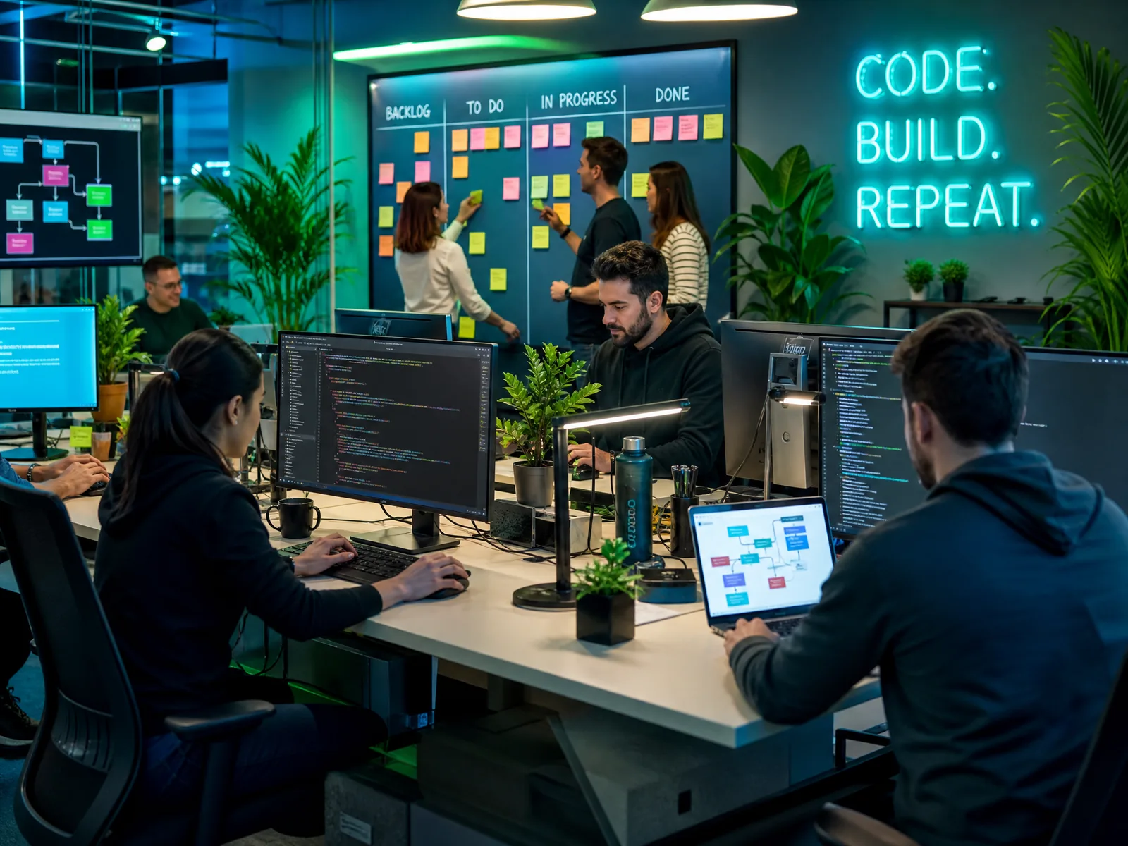 Developers building applications in a modern studio
