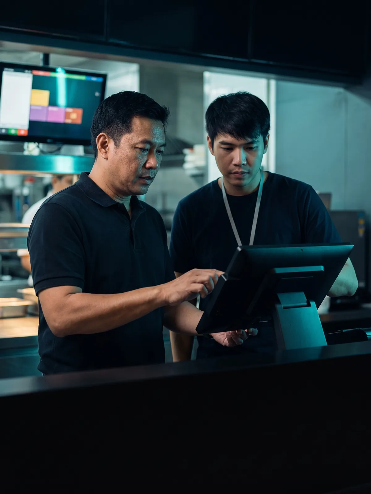 Franchise owner and IT engineer setting up a new POS terminal