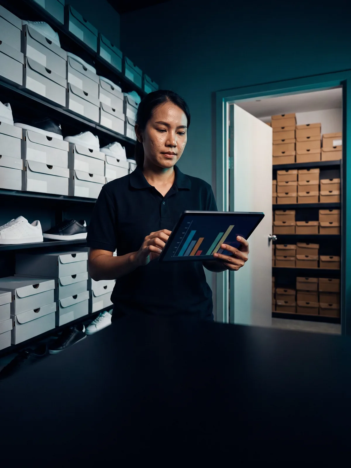 Store associate checking stock levels on a tablet