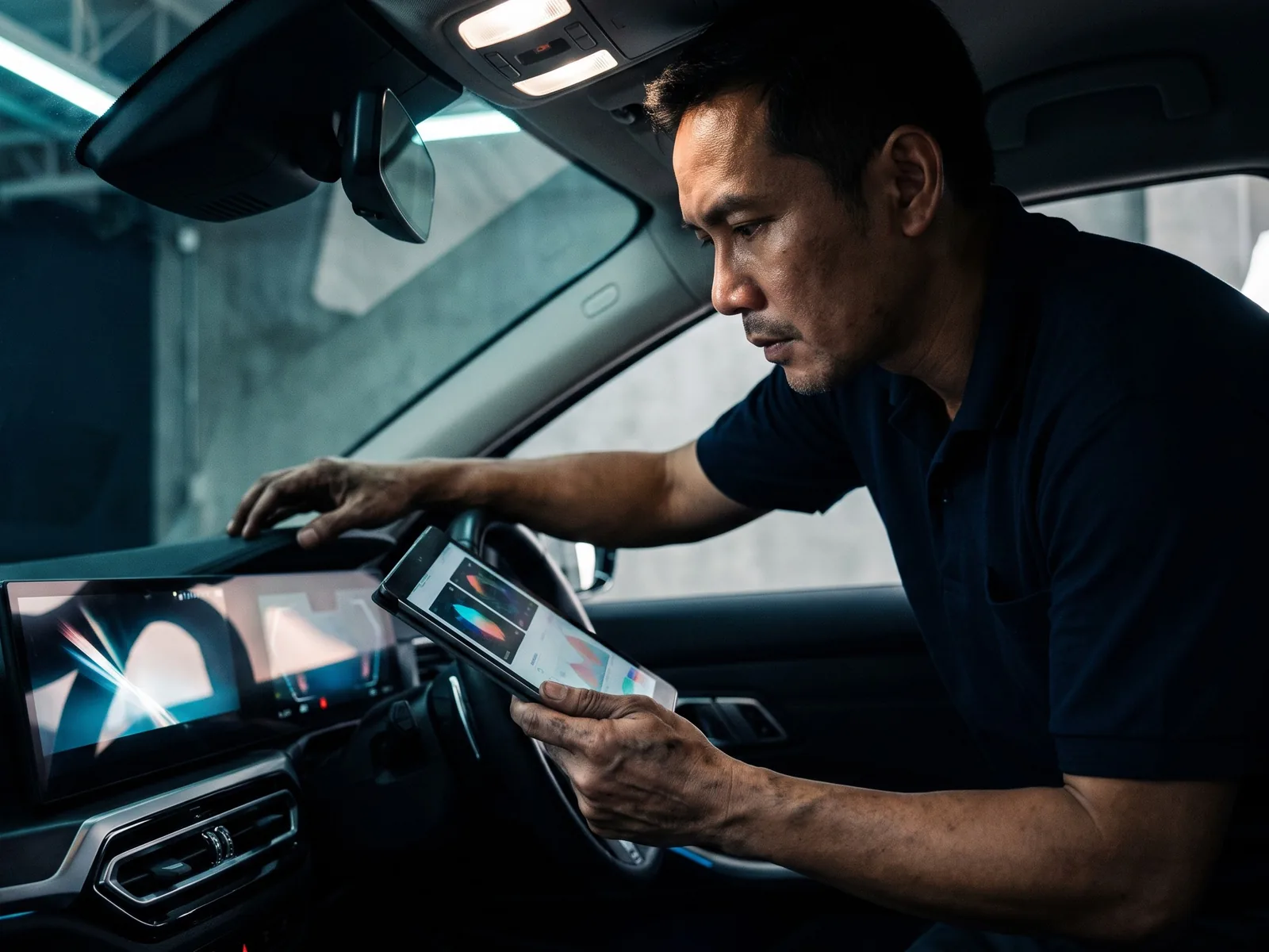 Technician running diagnostics on an electric vehicle