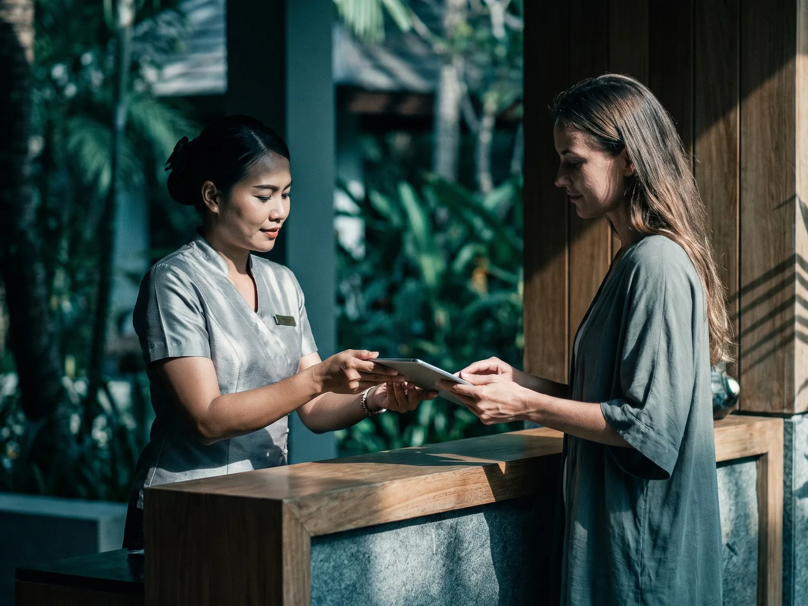 Guest checking in at a wellness resort reception