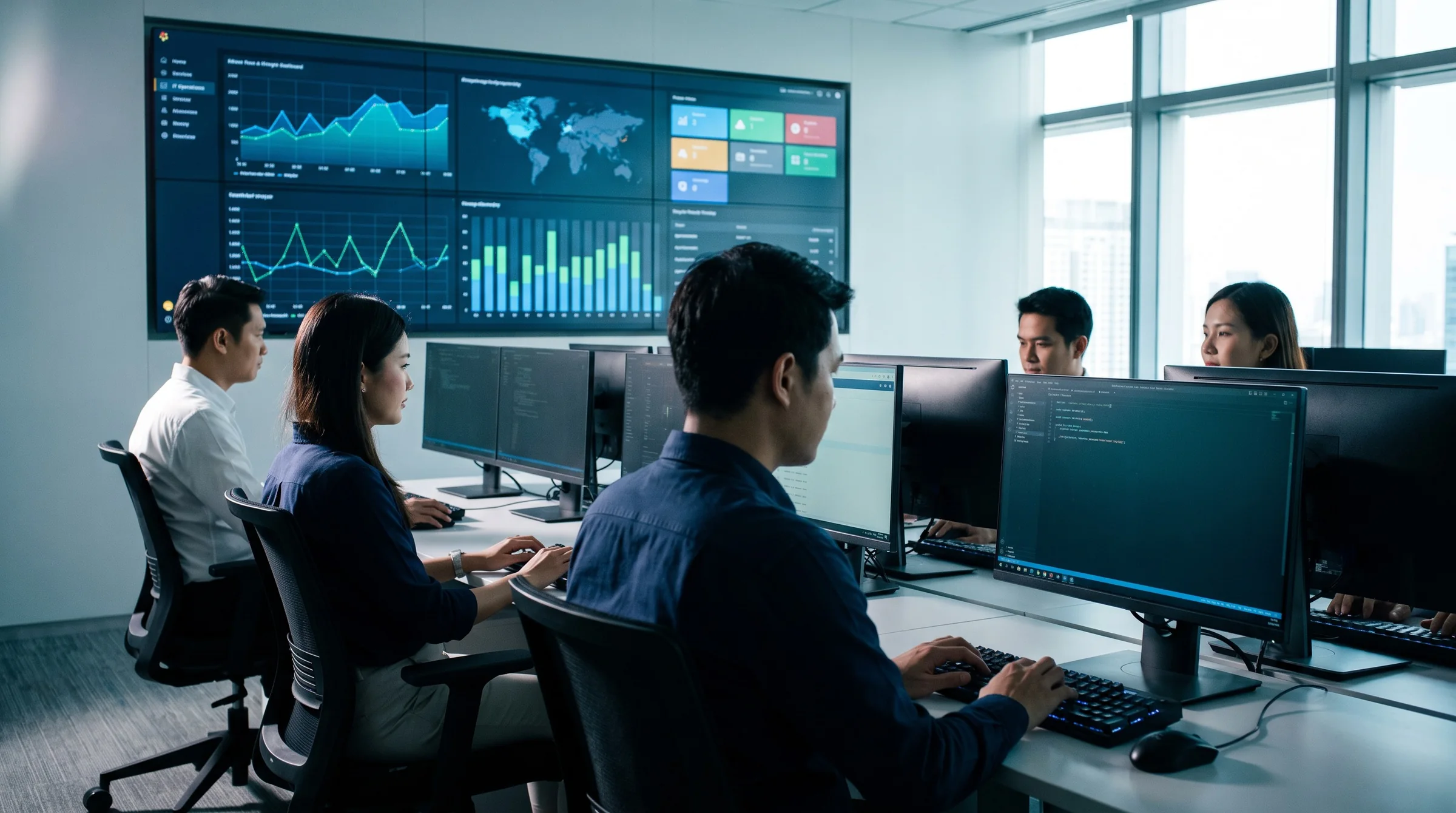 IT operations team at their desks in front of a monitoring wall