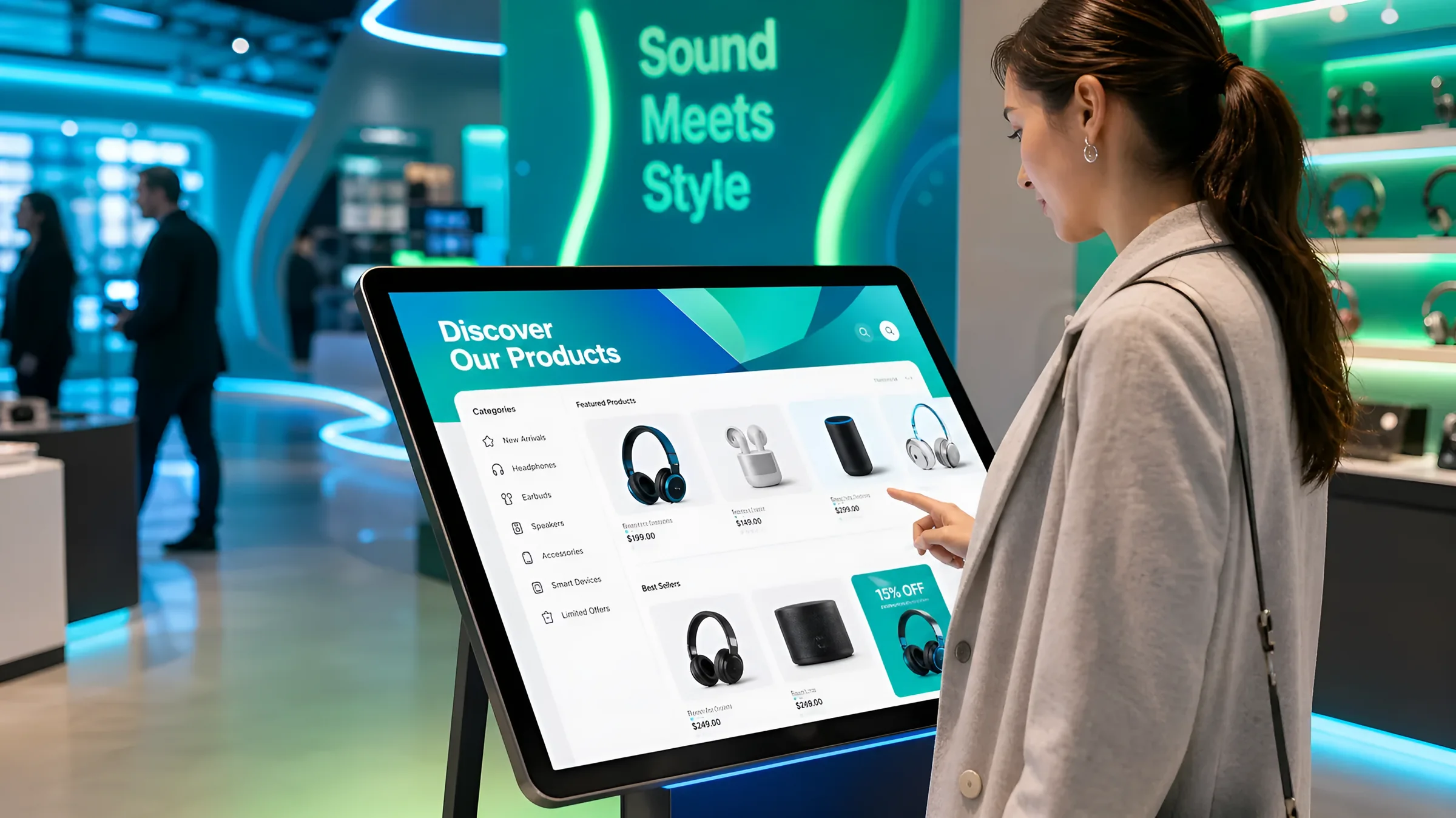 Shopper using a digital catalogue screen in store