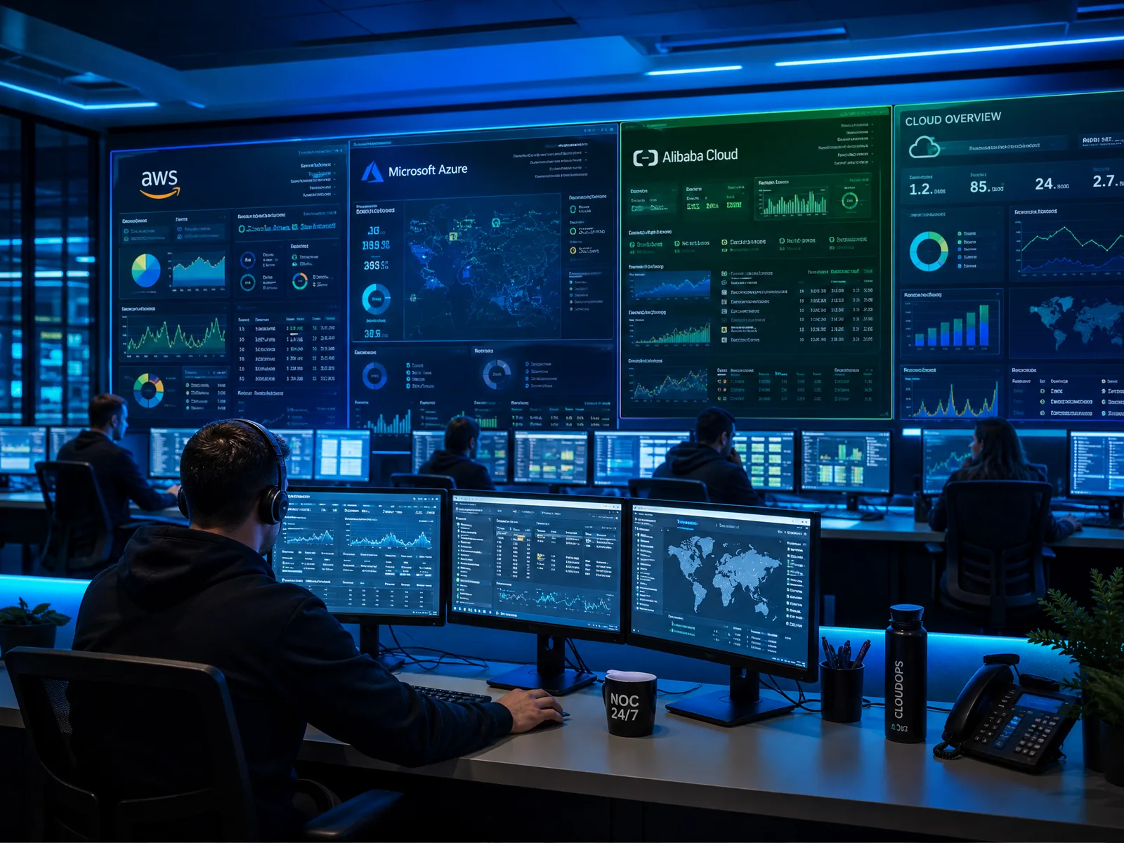 Cloud operations team monitoring AWS and Alibaba Cloud