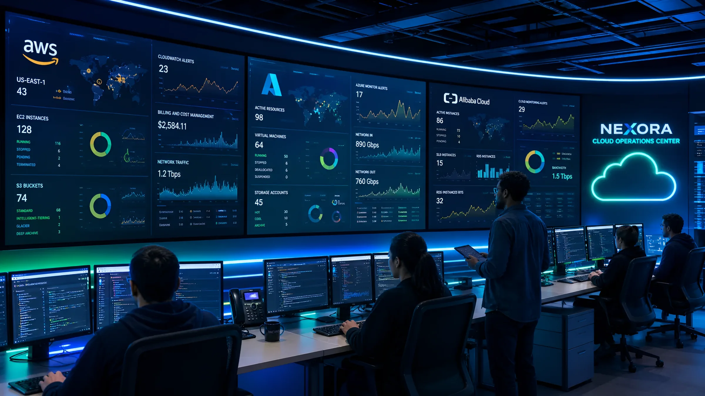 Cloud dashboards on an operations wall