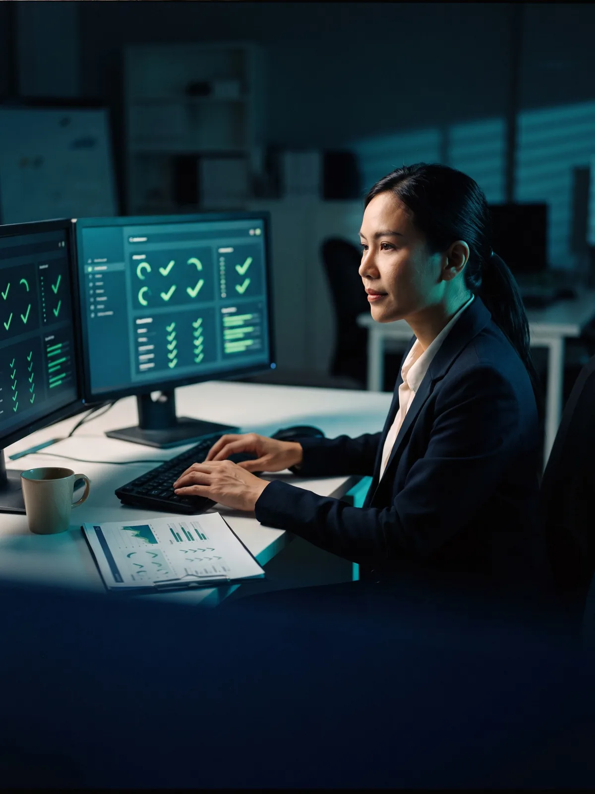 Compliance analyst reviewing automated report dashboards