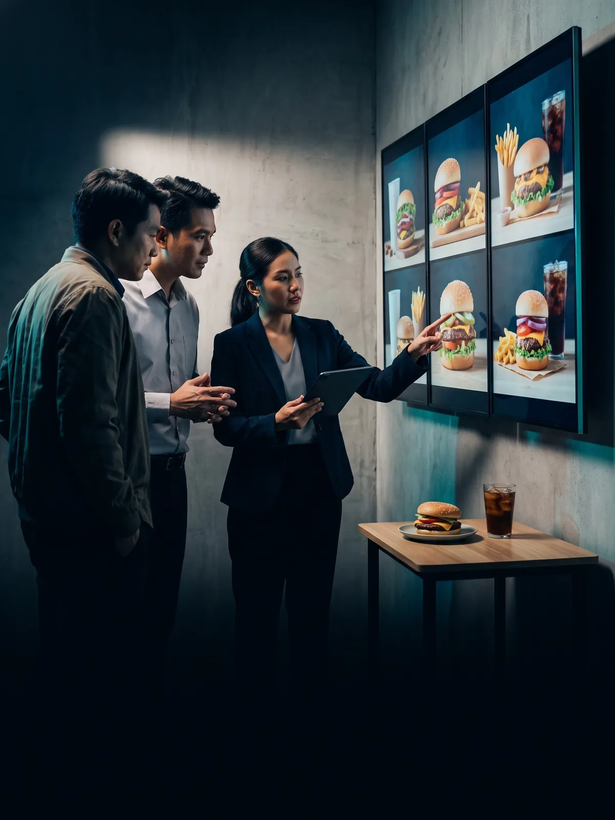 Head-office team reviewing a new menu item on digital menu boards