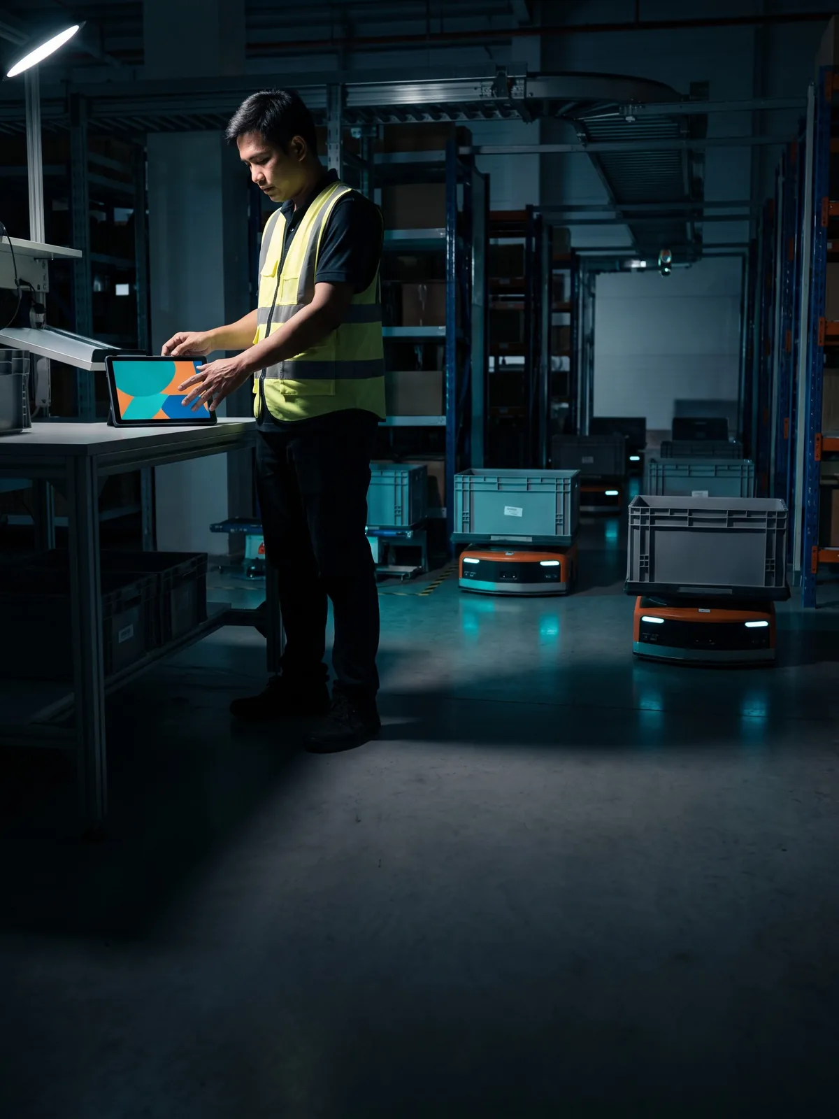 Autonomous robots moving totes in an automated warehouse