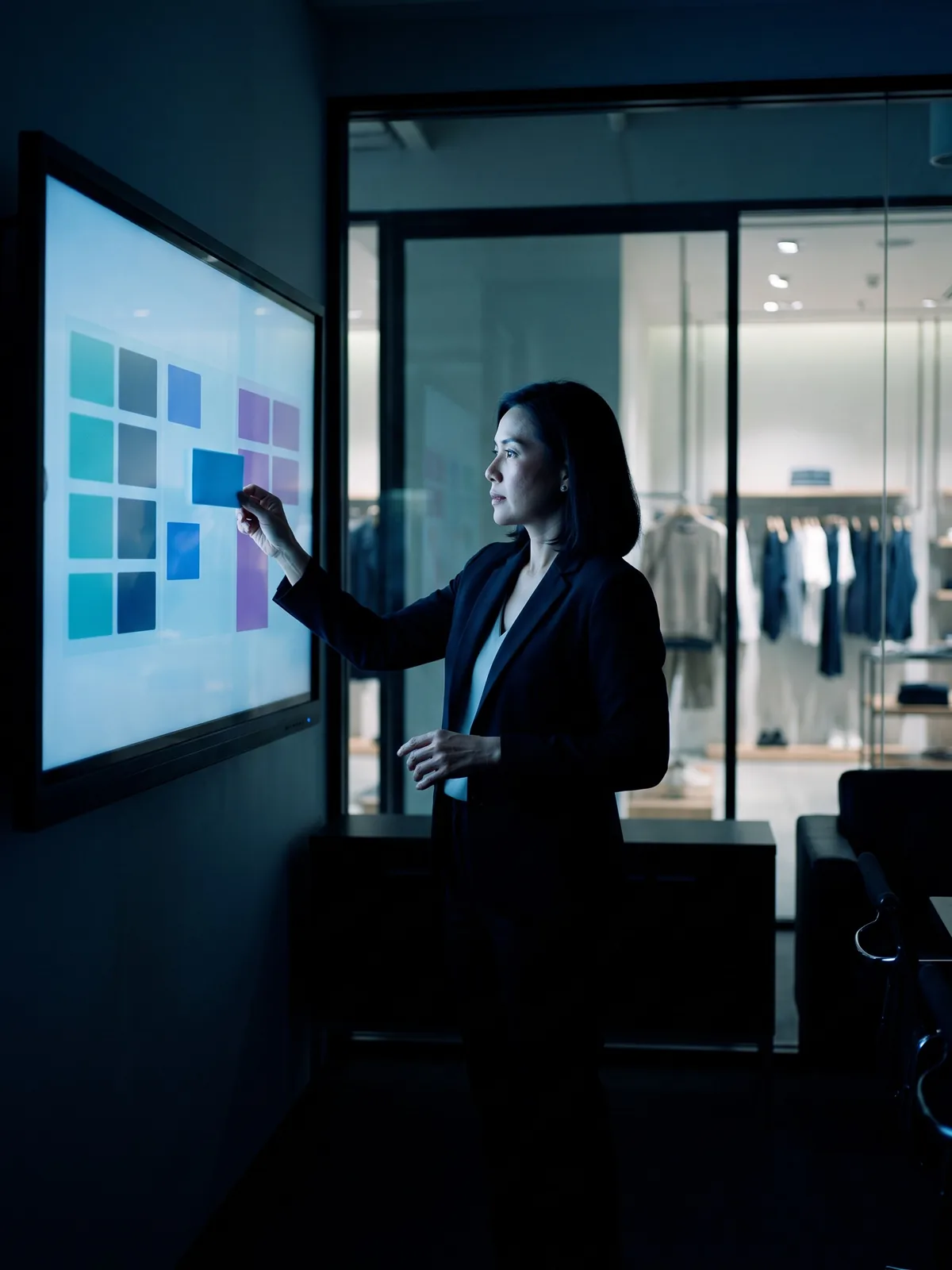 Merchandising manager arranging product cards on a wall touchscreen